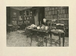 Gaston Tissandier, aeronauta francés, sentado en un escritorio en su estudio, 1880-1900 de Henri Thiriat